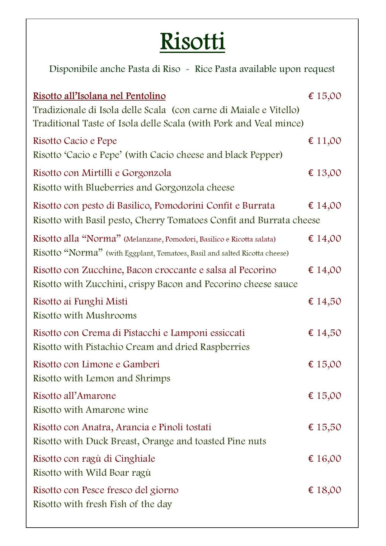 Menù Risotteria Melotti Firenze